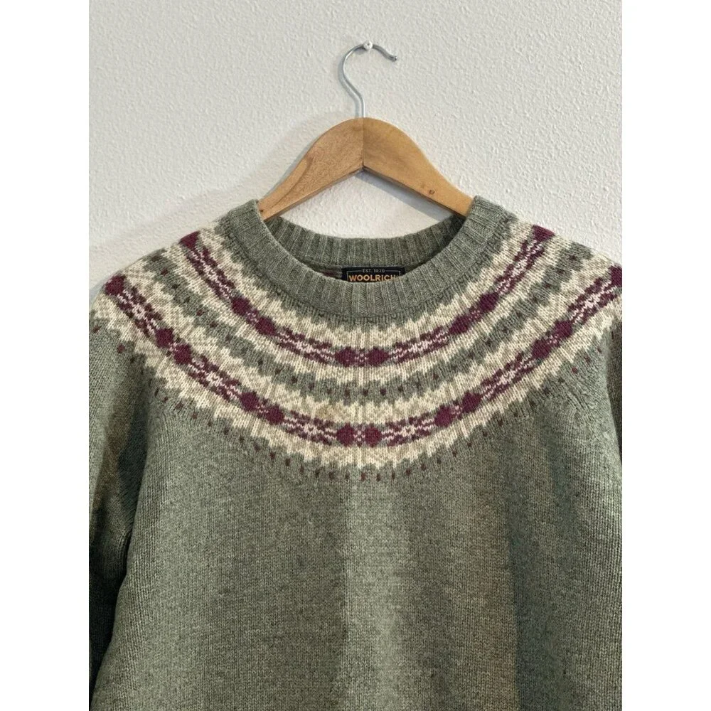 Woolrich Knit Wool Sweater womens size M Green crew Neck Fair Isle ski Willow - Picture 3 of 12
